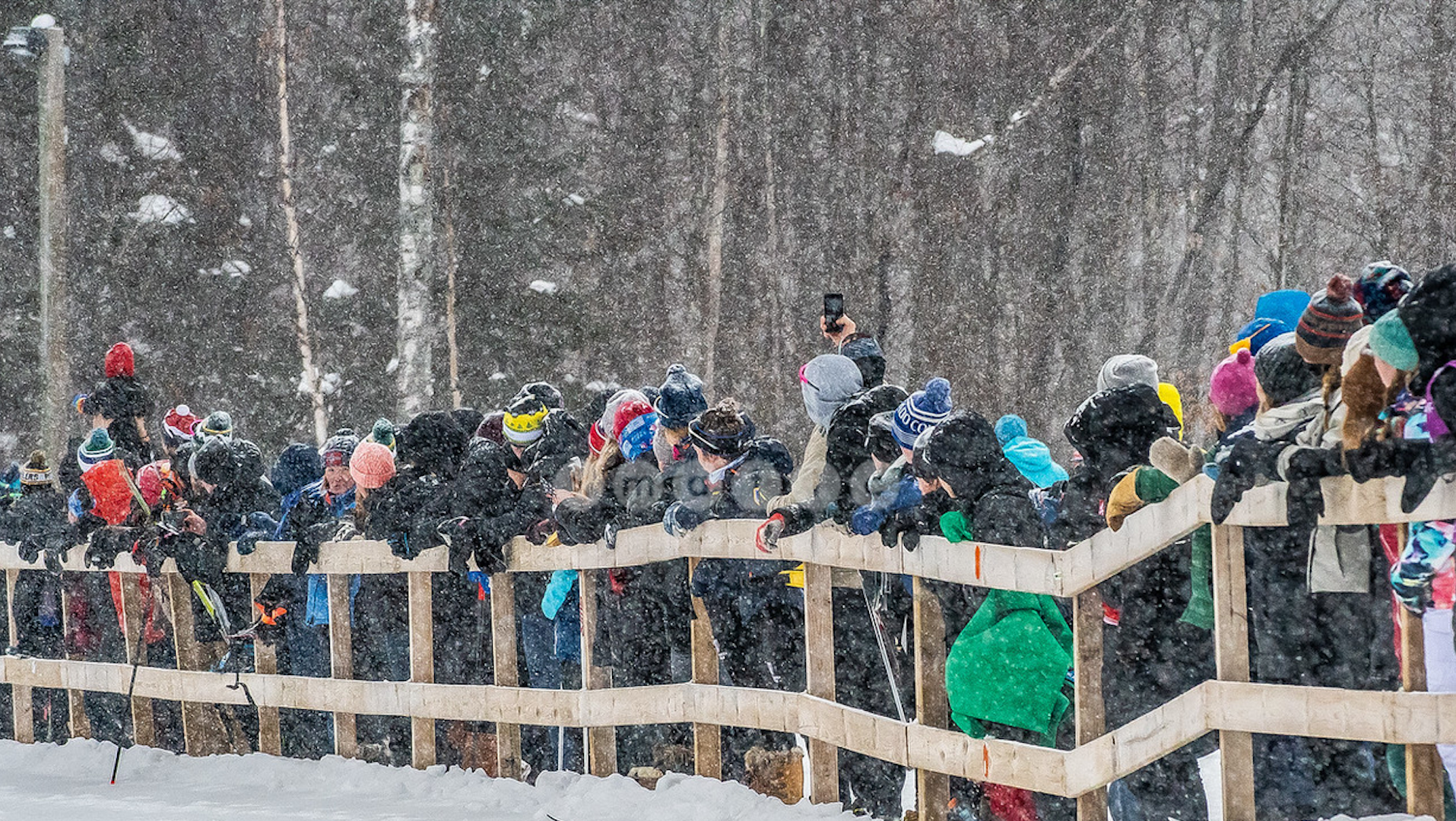 Spectators along the fence at a ski race